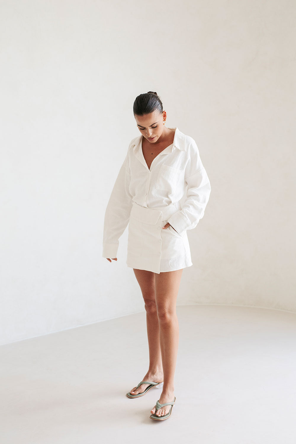 Sabo's Exclusively Designed White Mila Cotton - Ramie Blend Wrap Mini Skirt