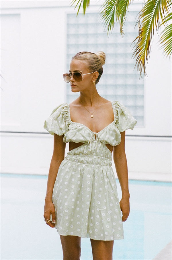 Exquisite Zara Moss Green Floral Cotton Blend Feminine Dress