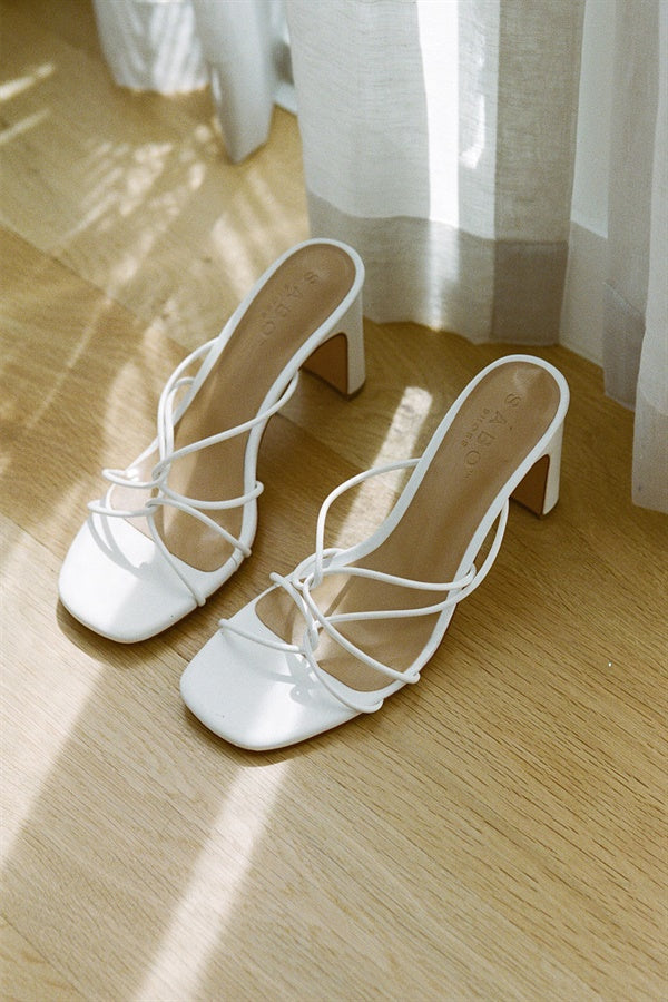 Peyton Tan Open Square Toe Women's Mules with Slim Block Heel and Strappy Detailing