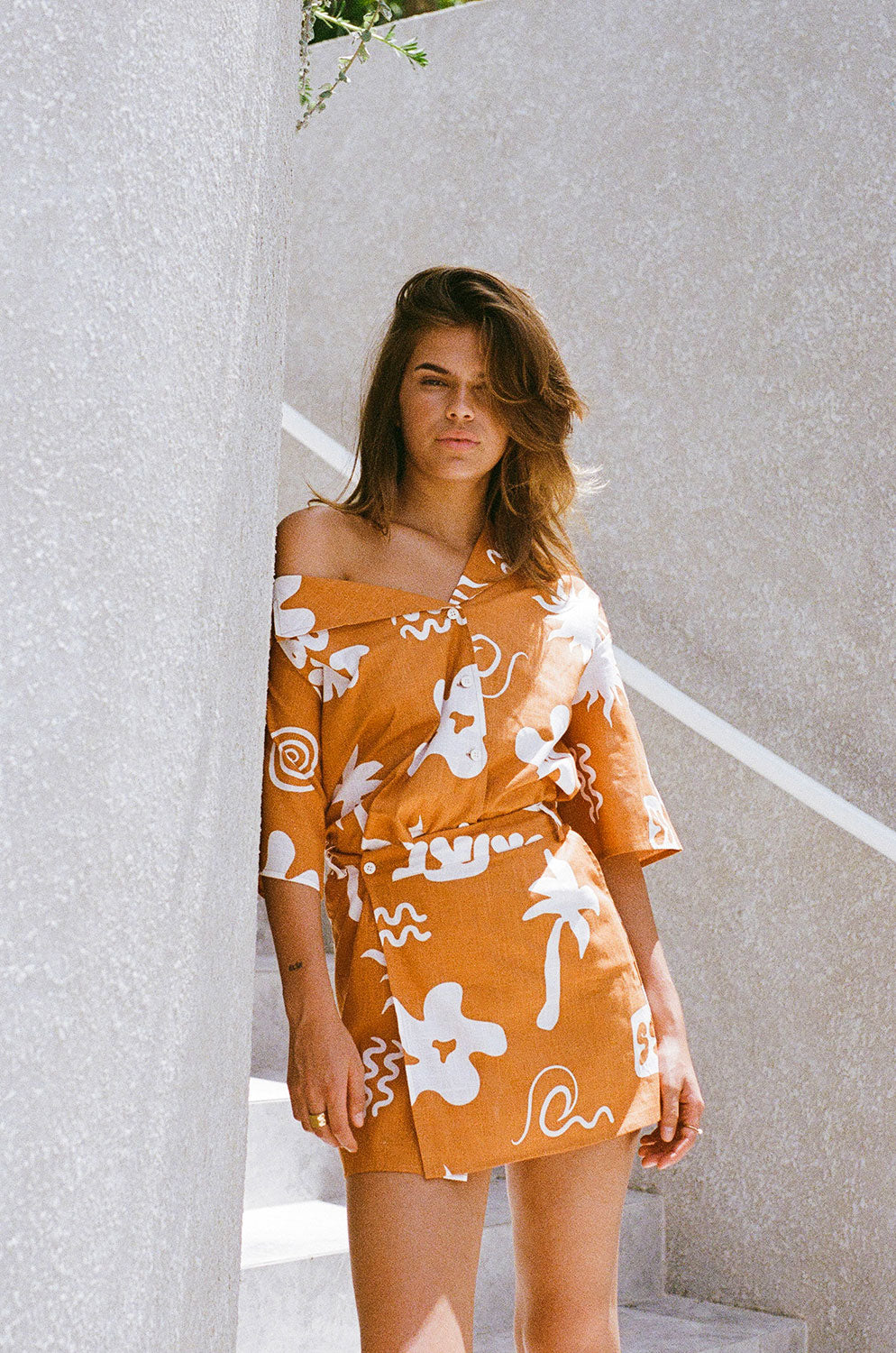 Exclusive Printed Structured Cotton Slub Base Asymmetric Mini Dress