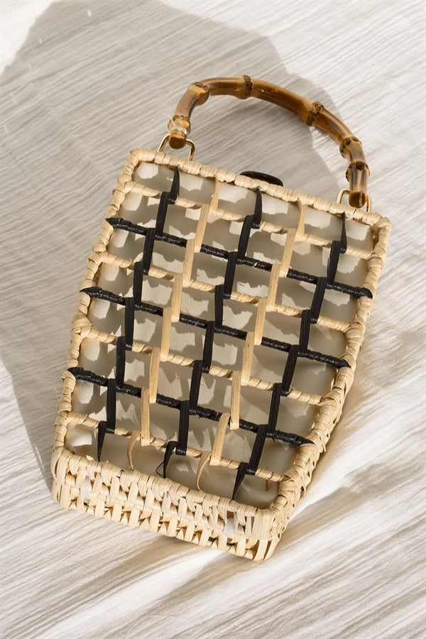 On - trend Tahiti Style Natural and Black Woven Wicker Handbag