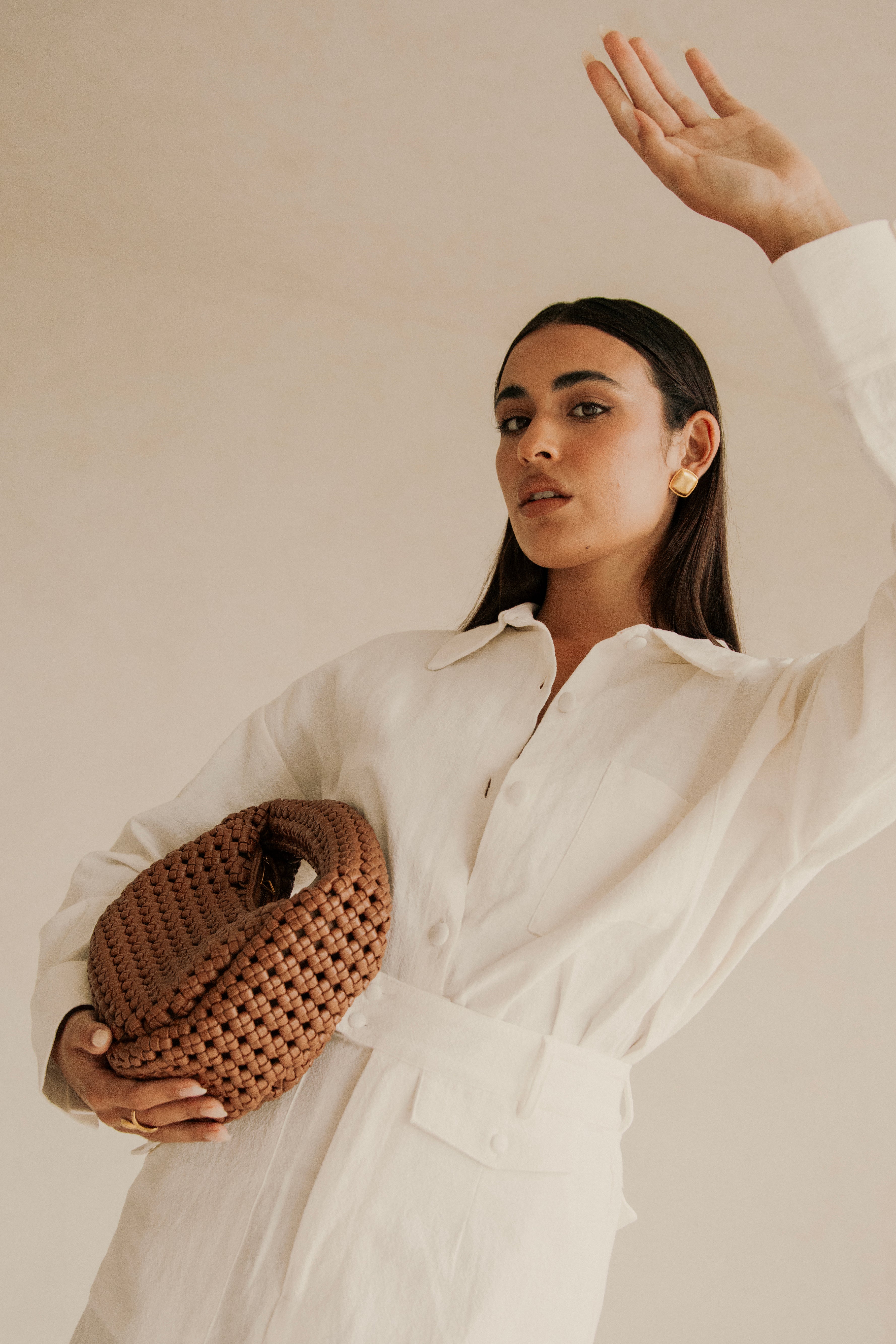 White Natural Ramie Cotton Blend Relaxed Mila Top with Collar and Pocket