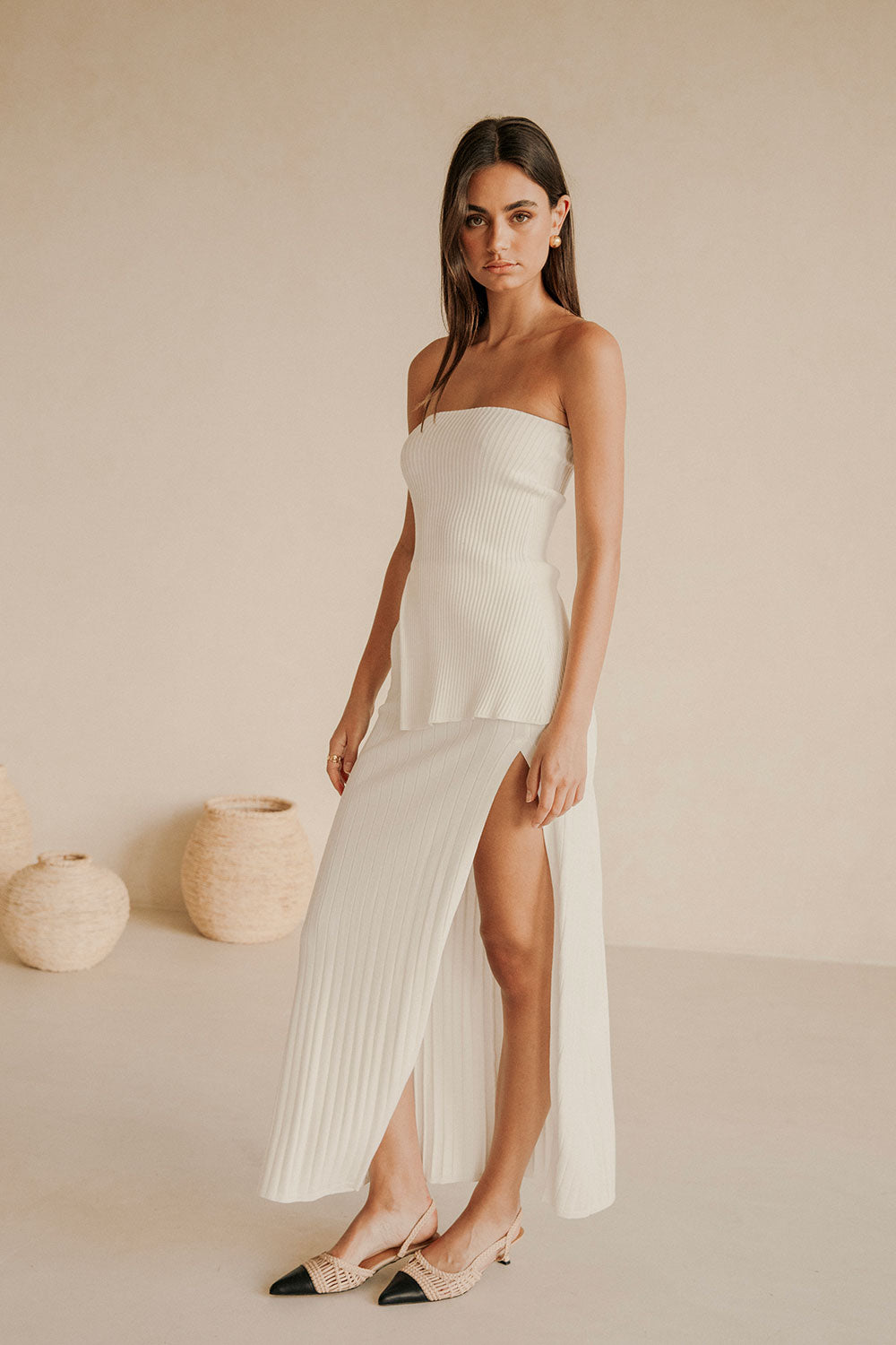 Exclusively Designed White Textured Mini Pleated Strapless Saria Top