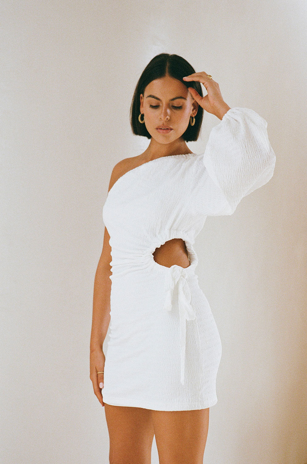 Exclusive Sabo-Designed White Textured One-Shoulder Party Zoelie Dress