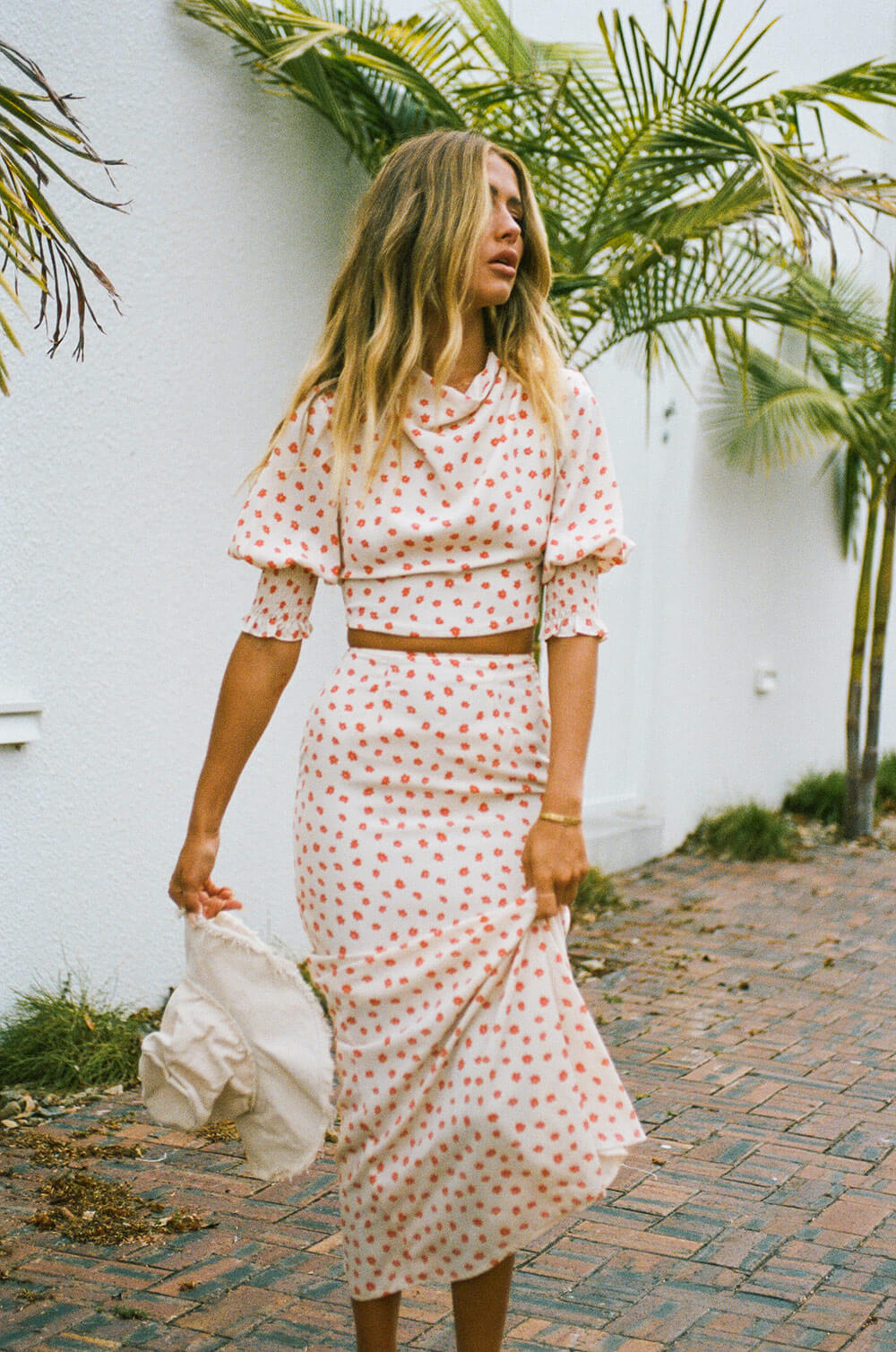 Autumn-inspired Camilla High-waisted Floor-length Cream Skirt with Orange Floral Print