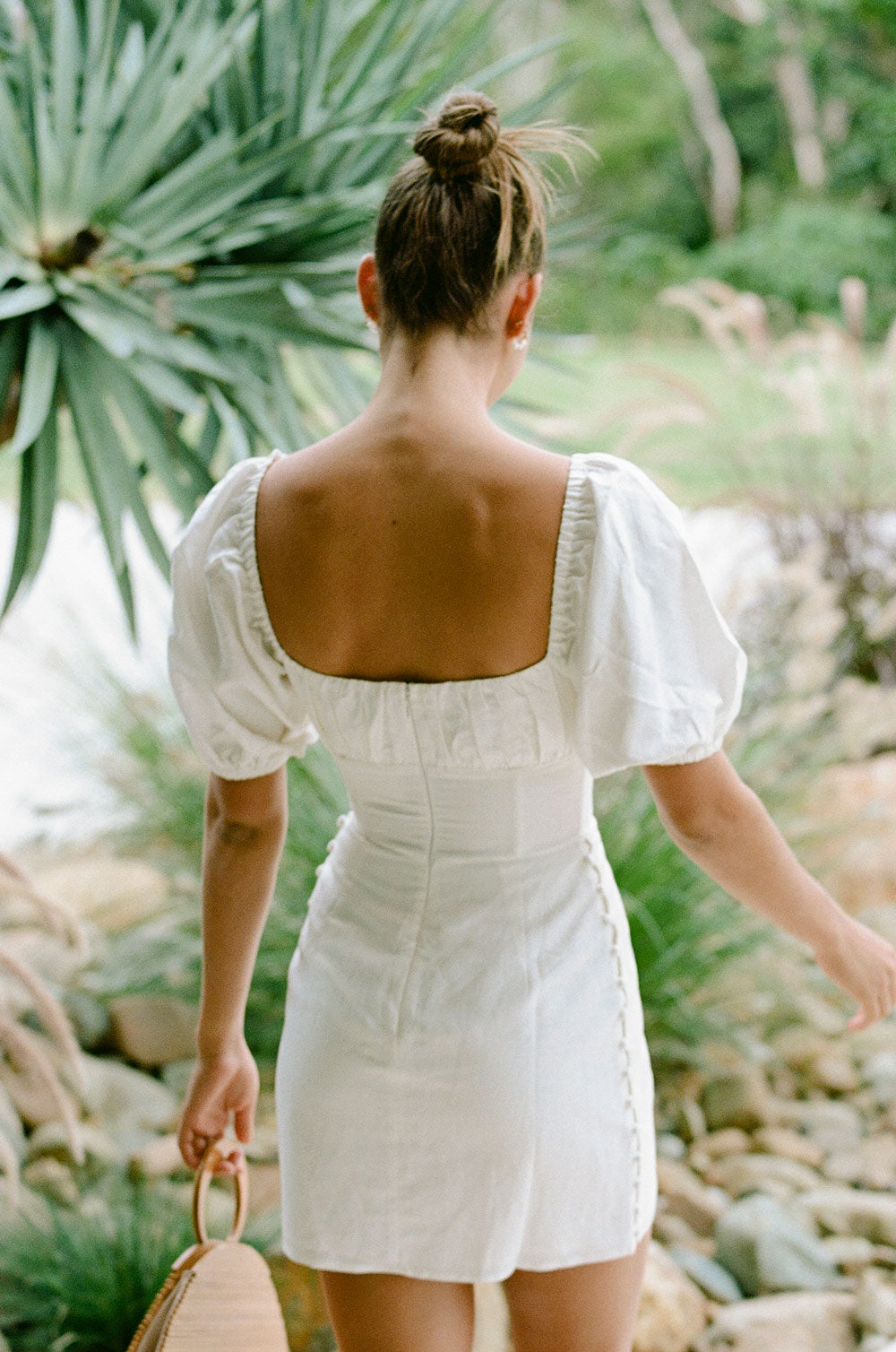 Charming Off - white Structured Linen Blend Tatiana Dress for Date Night
