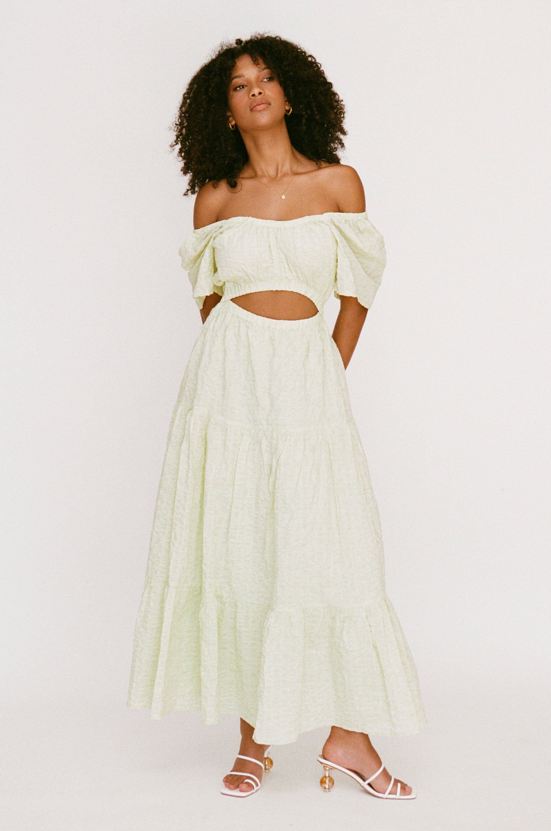 Stunning Green Natural Cotton Seersucker Armelia Maxi Dress with Flared Sleeves