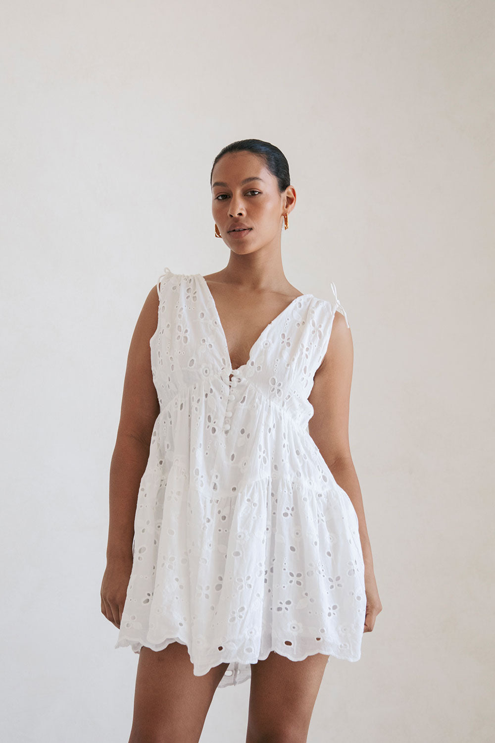 White Natural Cotton Bold Broderie Kai Relaxed Mini Dress