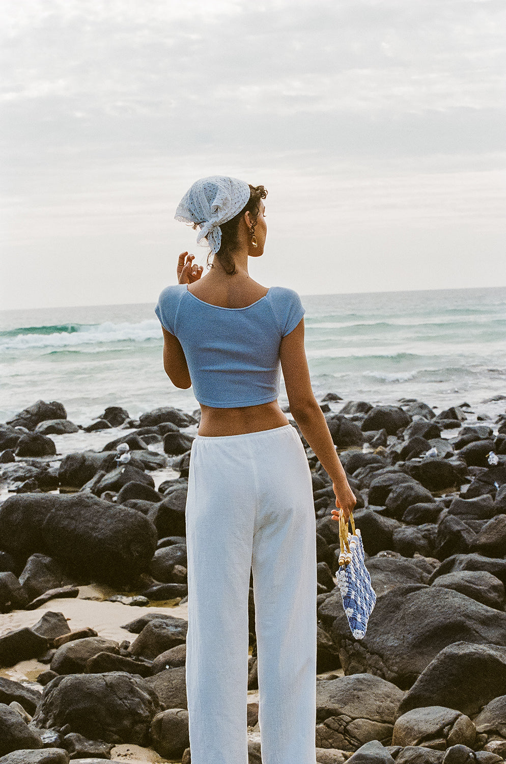 Soft Ribbed Blue Ocean Top with Cap Sleeves and Cropped Hem