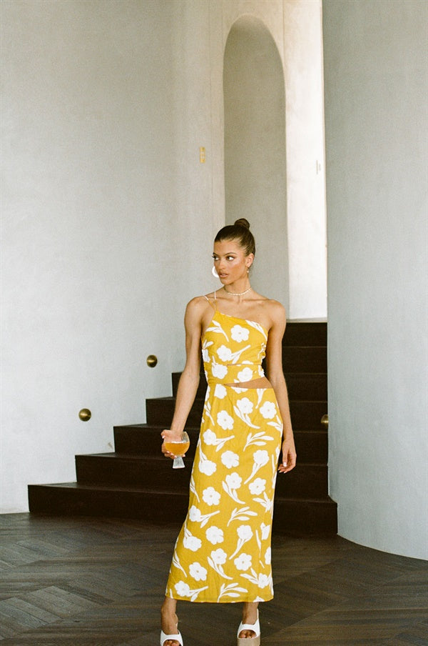 Sabo's Exclusive Yellow Paradise Print Kika Midi Dress