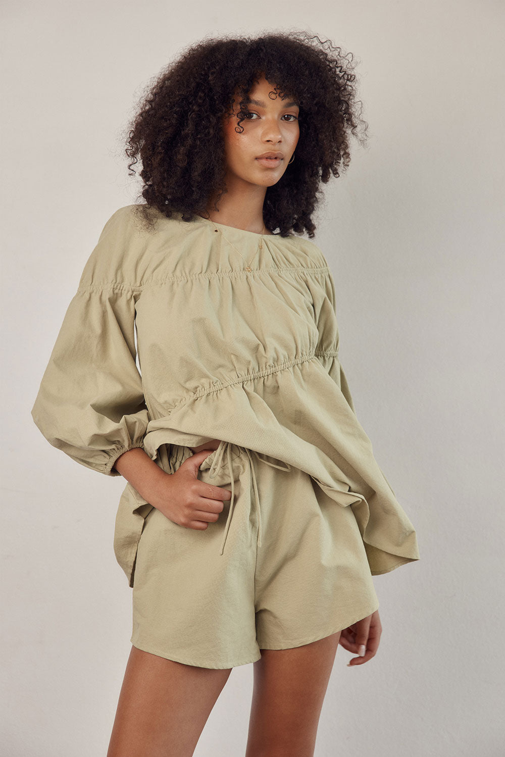 Sabo's Exclusive Creamy Khaki High Waisted Elasticated Drawstring Akel Shorts