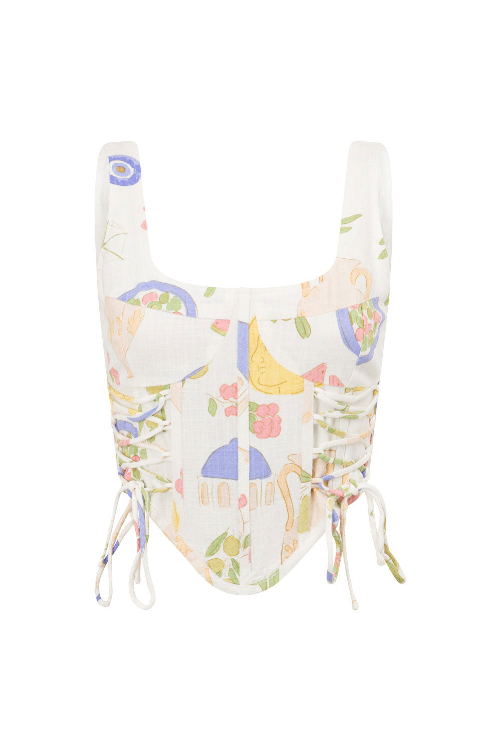 Exclusive Greece Print Joslin Corset-Style Viscose Linen Blend Top