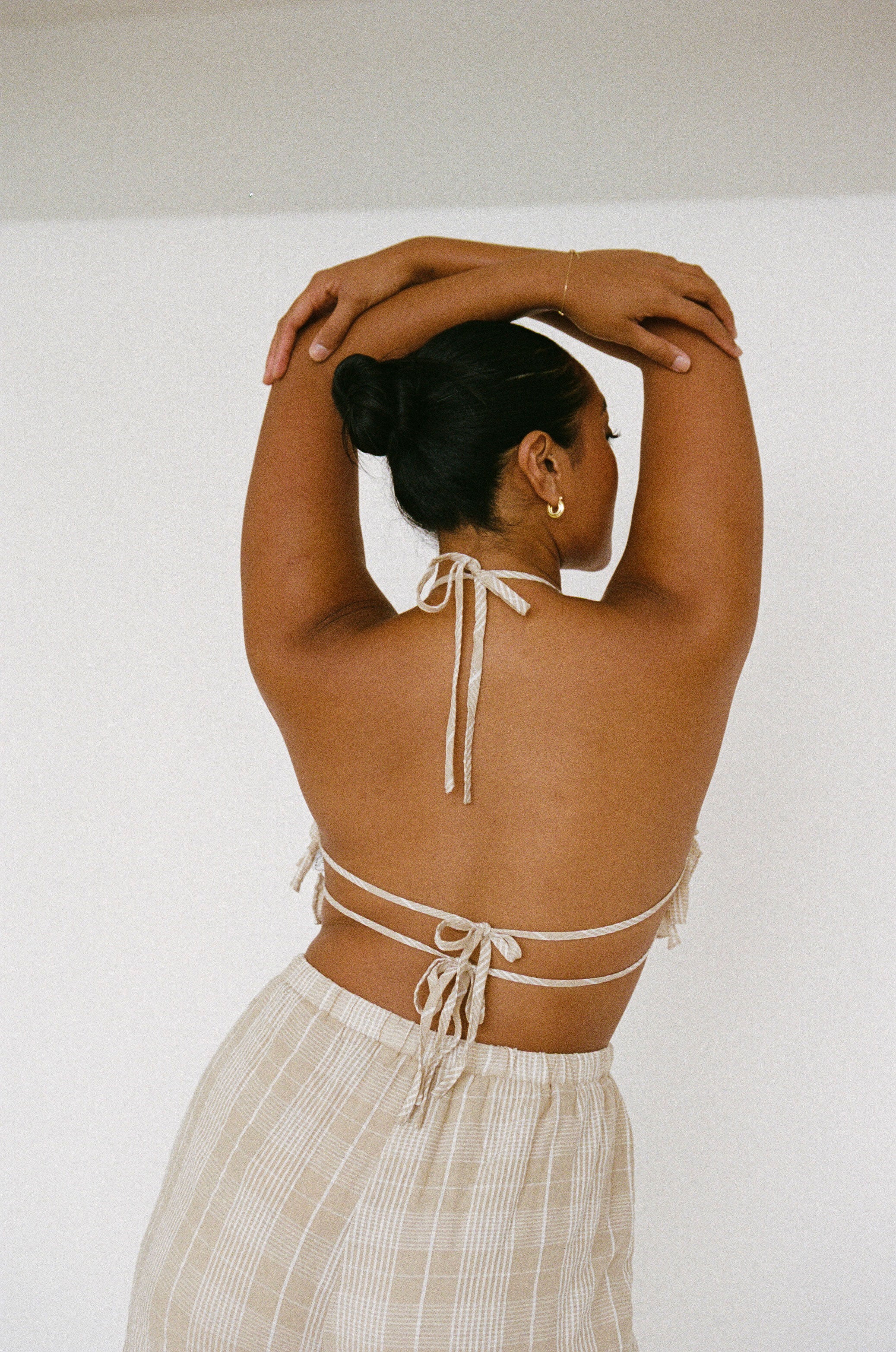 Stylish Anley Lightweight Tan Frill Halter Top with White Checks