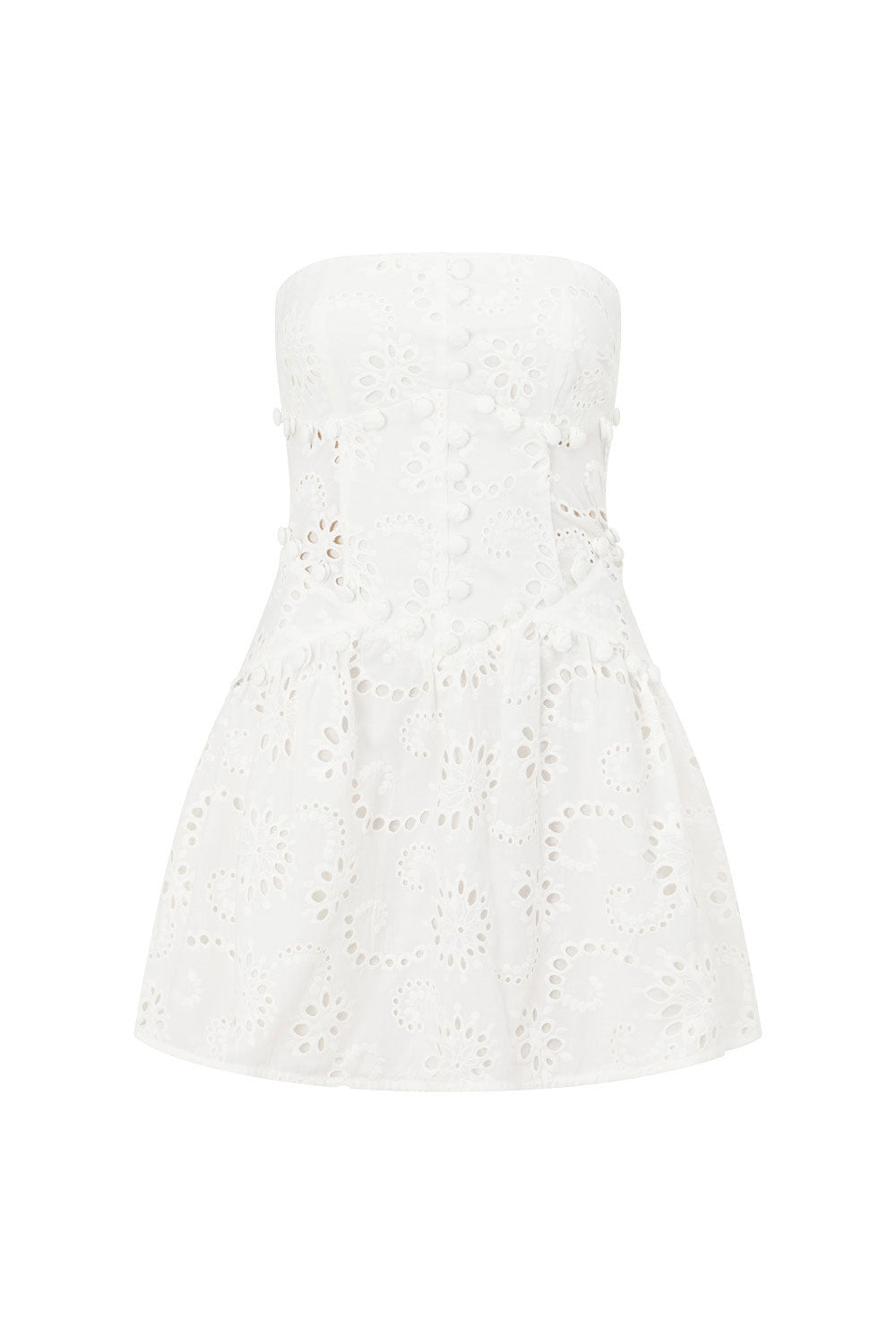 SABO LUXE White High - Quality Cotton Broderie Strapless Button Mini Dress