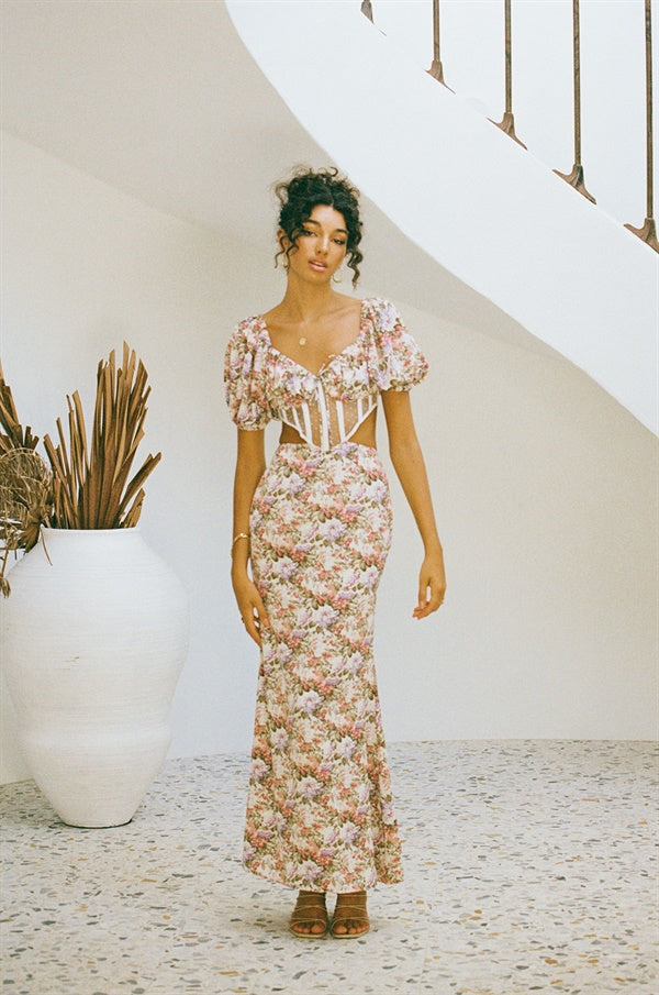 Sabo's Exclusively Designed Floral Print Lightweight Leah Corset Maxi Dress