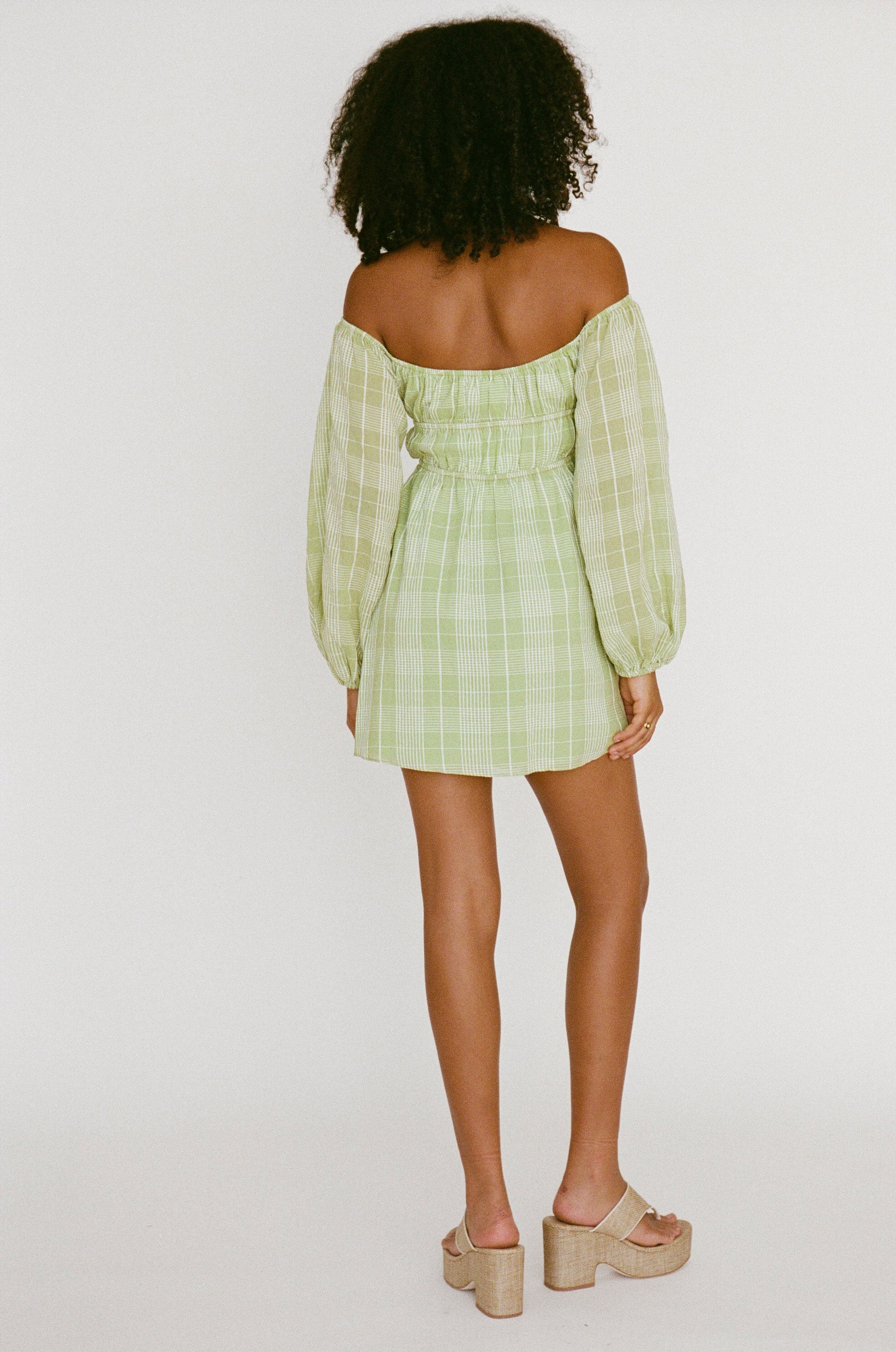Sabo's Exclusive Lightweight Green White Plaid Off Shoulder Puff Sleeve Dress