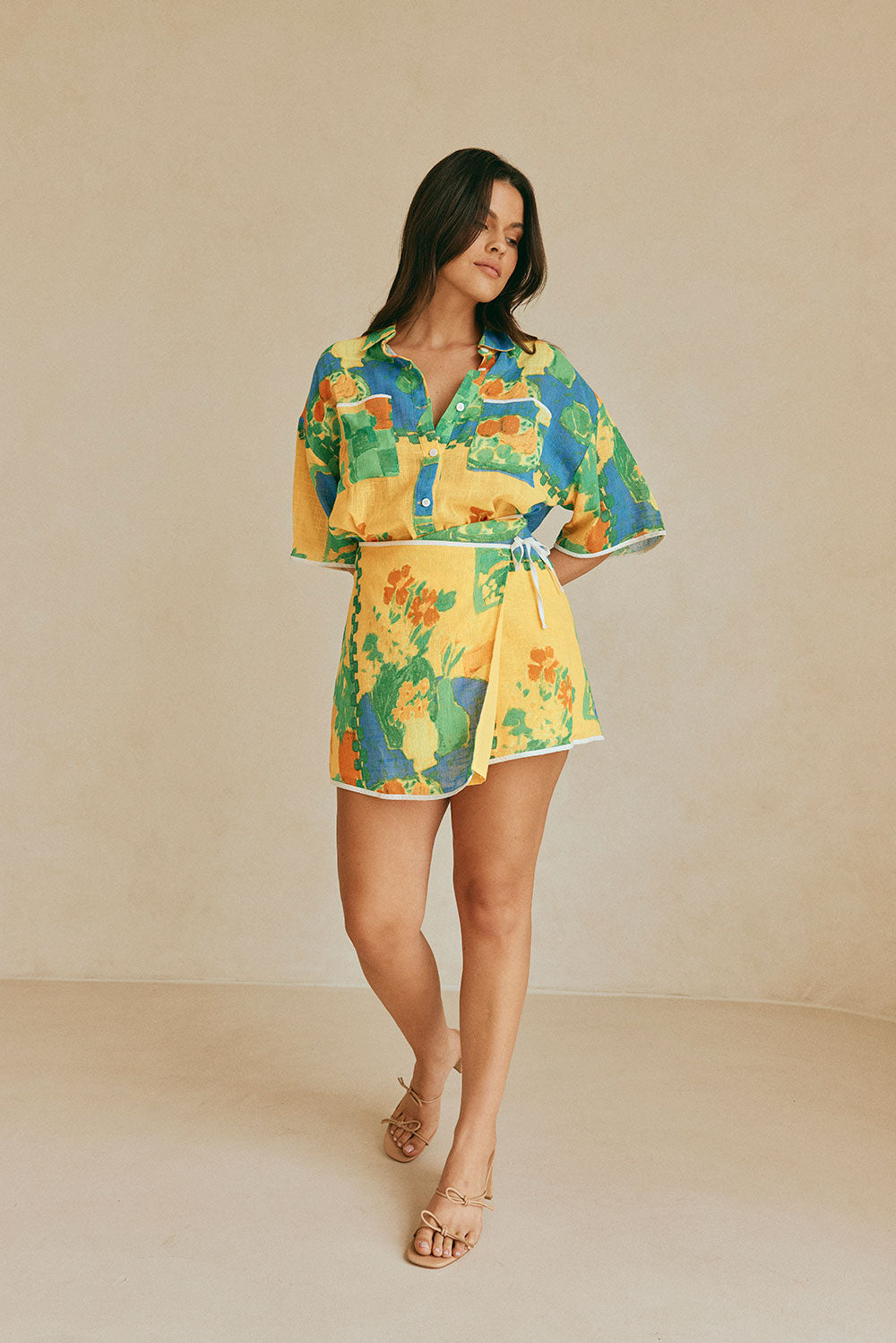 Exclusive Morning Yellow Cascade Wrap Skirt with Contrast Trim