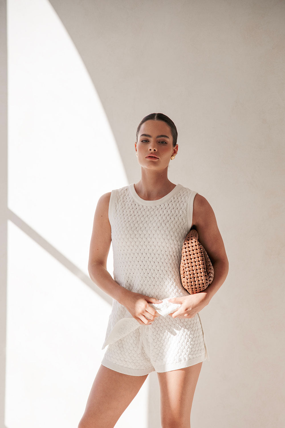 Exclusive Sabo Designed Off-White Natural Cotton Basket Knit Winslet High-Waisted Drawstring Shorts