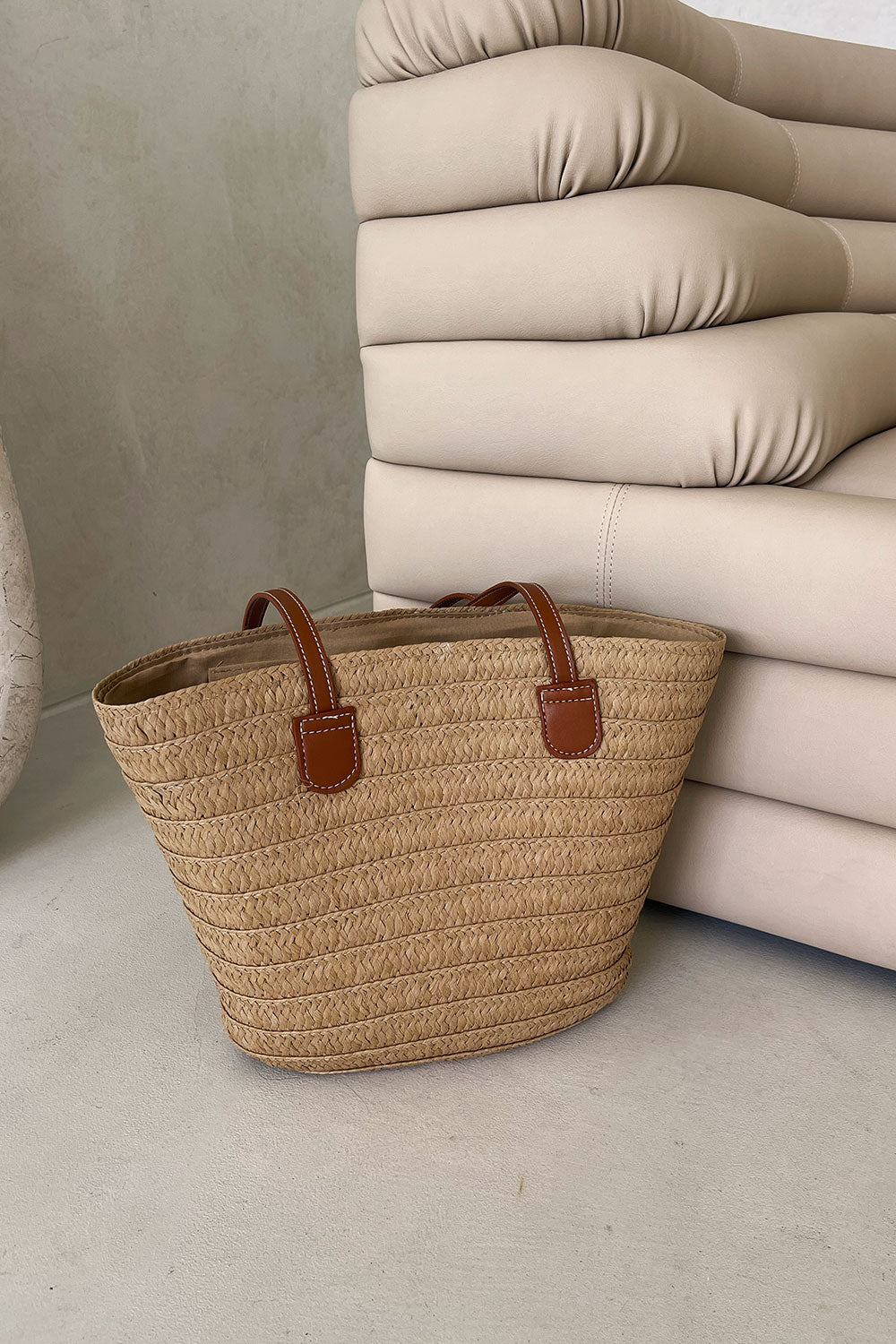 Stylish Xena Tan Vegan Leather Handle Basket Tote for Beach