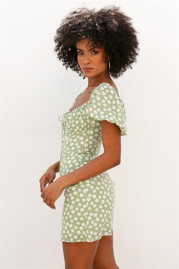 Green Floral Ariana Vacation Dress with Short Puff Sleeves