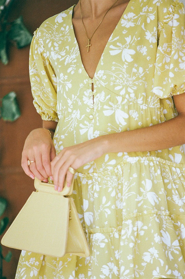Stylish Yellow Floral Print Tarelle Women's Dress