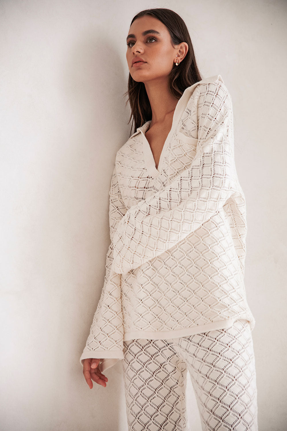 Sabo's Exclusively Designed Cosy Light Cream Jaimie Cotton Pointelle Knit Top