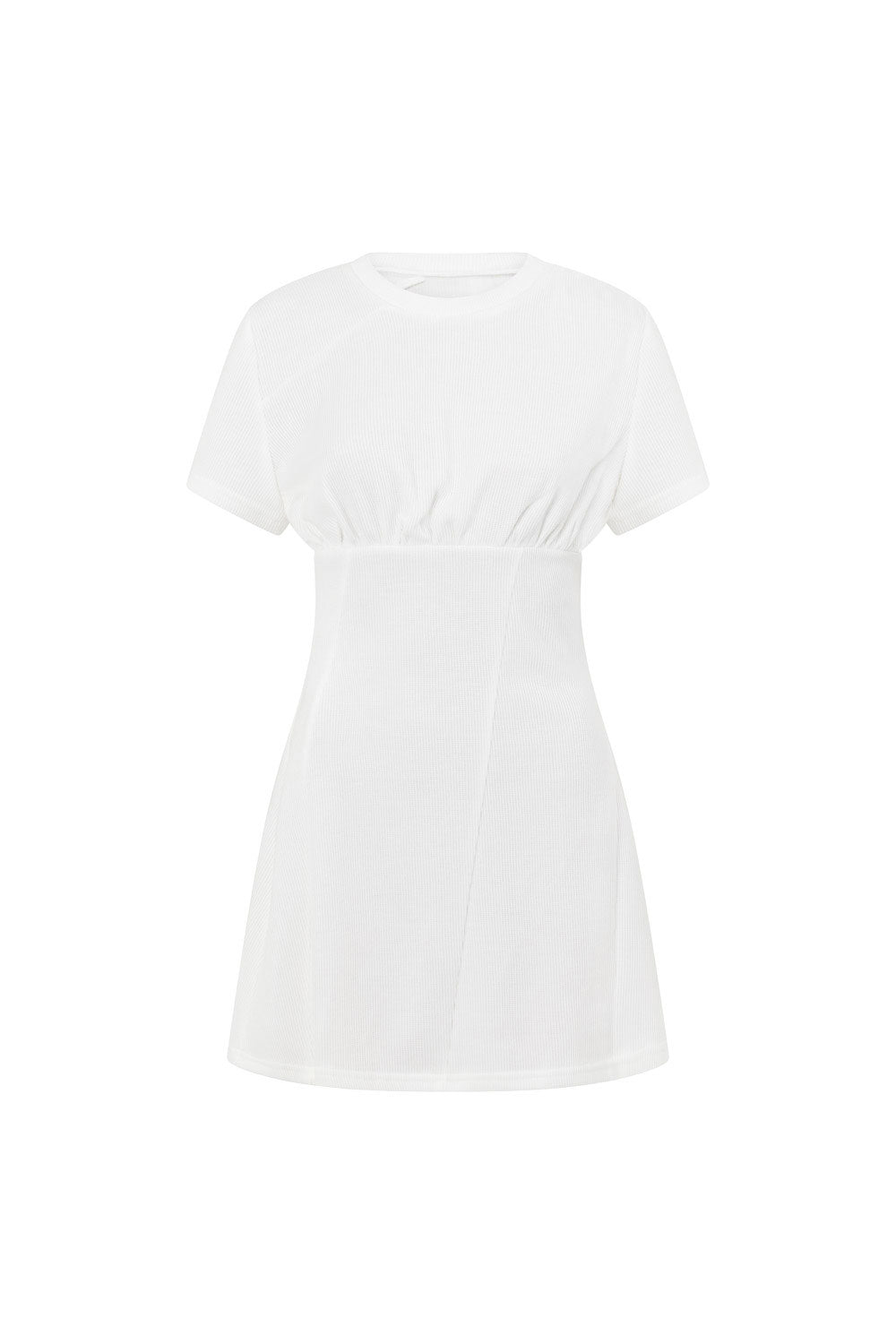 Stylish White Structured Ribbed Mali Dress with High Neck and Short Sleeves