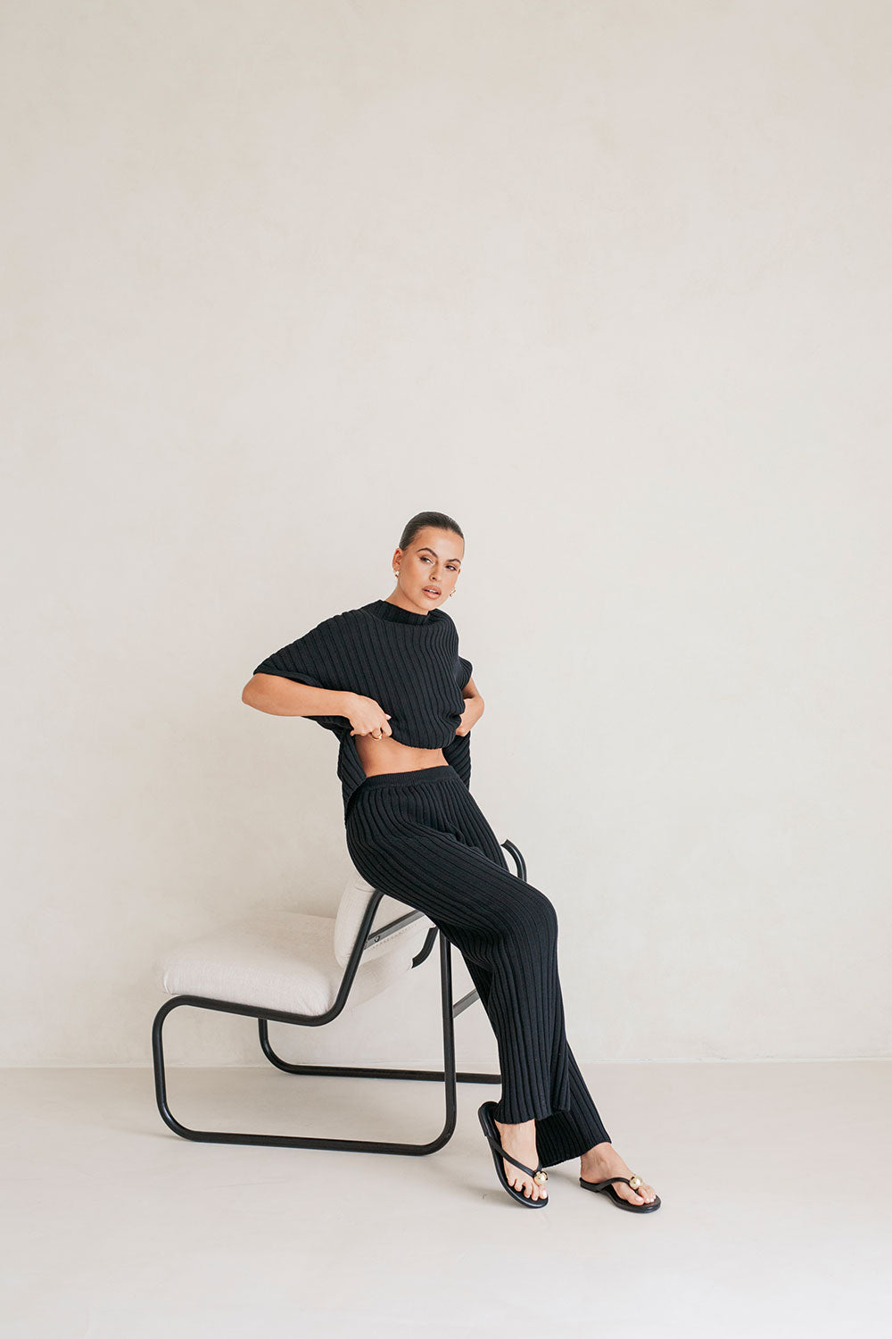 Stylish Black Ribbed Cotton Celine Pants with High Elastic Waist