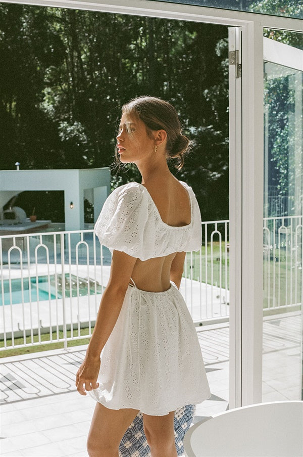 Exquisite Off-White Cotton Eyelet Azel Vacation Dress