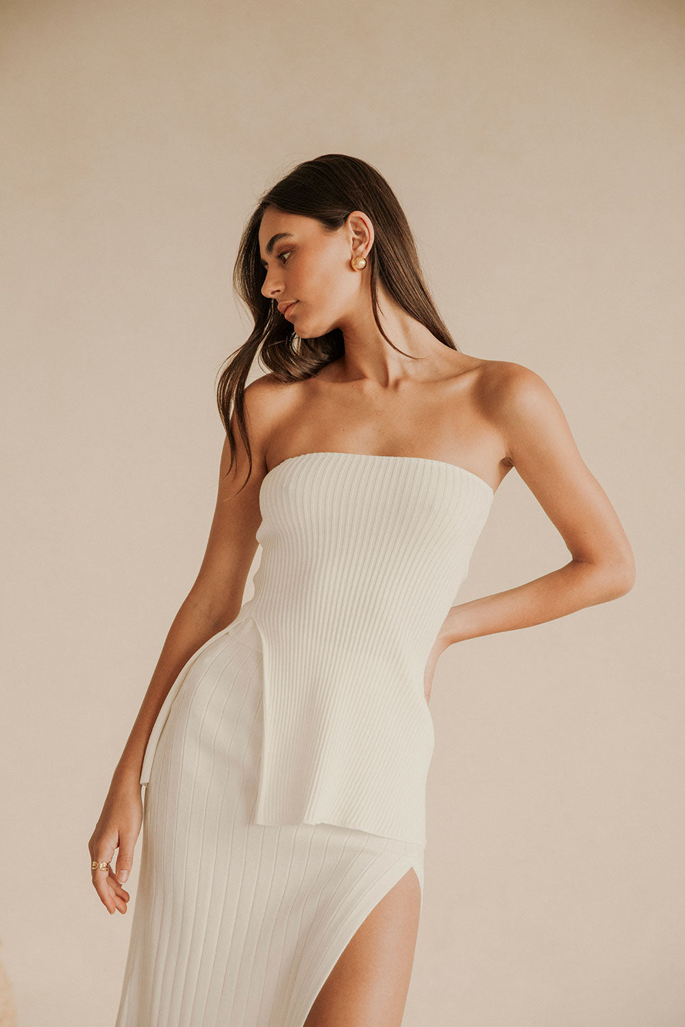 Exclusively Designed White Textured Mini Pleated Strapless Saria Top