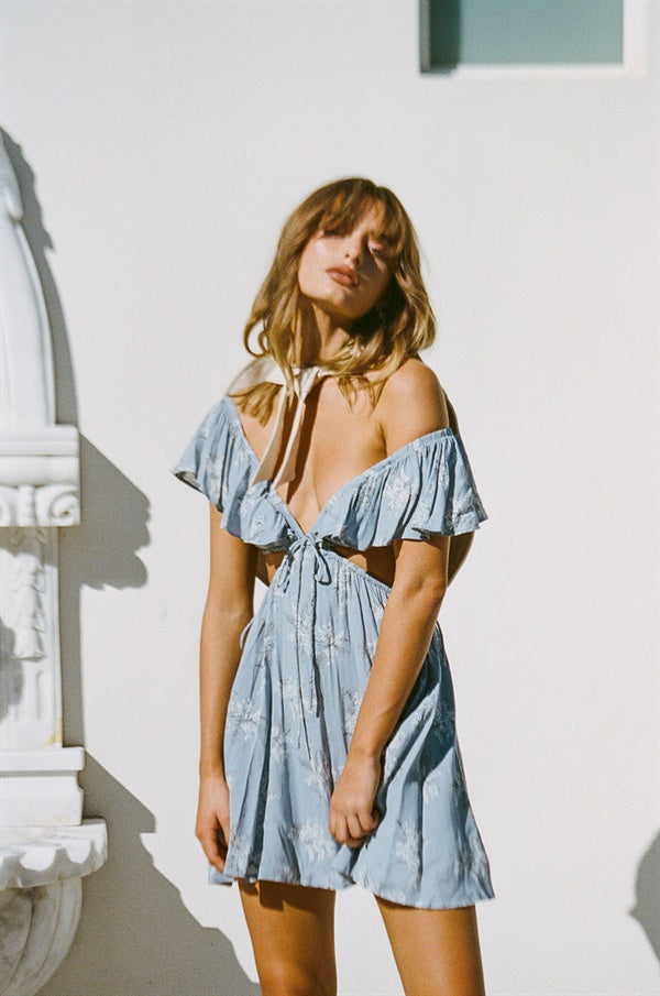 Stylish Blue Floral-Print Safiya Frill Dress with Unique Detailing