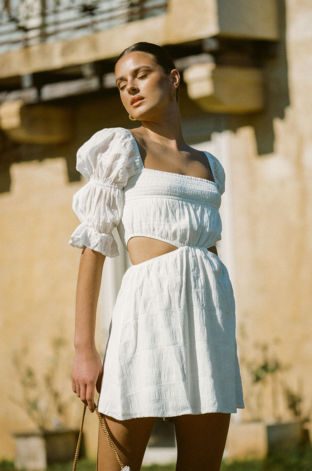 Women's White Textured Natural Cotton Blend Xena Cutout Party Dress