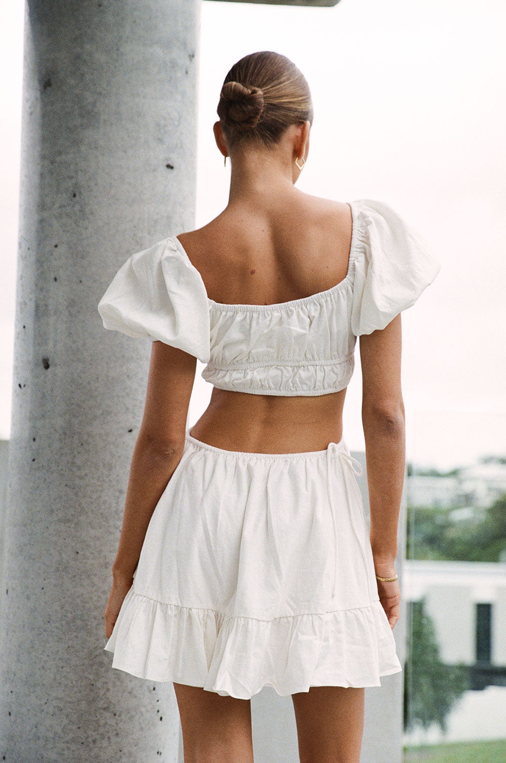 Exclusive Off-White Natural Cotton Omara Cutout Dress with Puff Sleeves