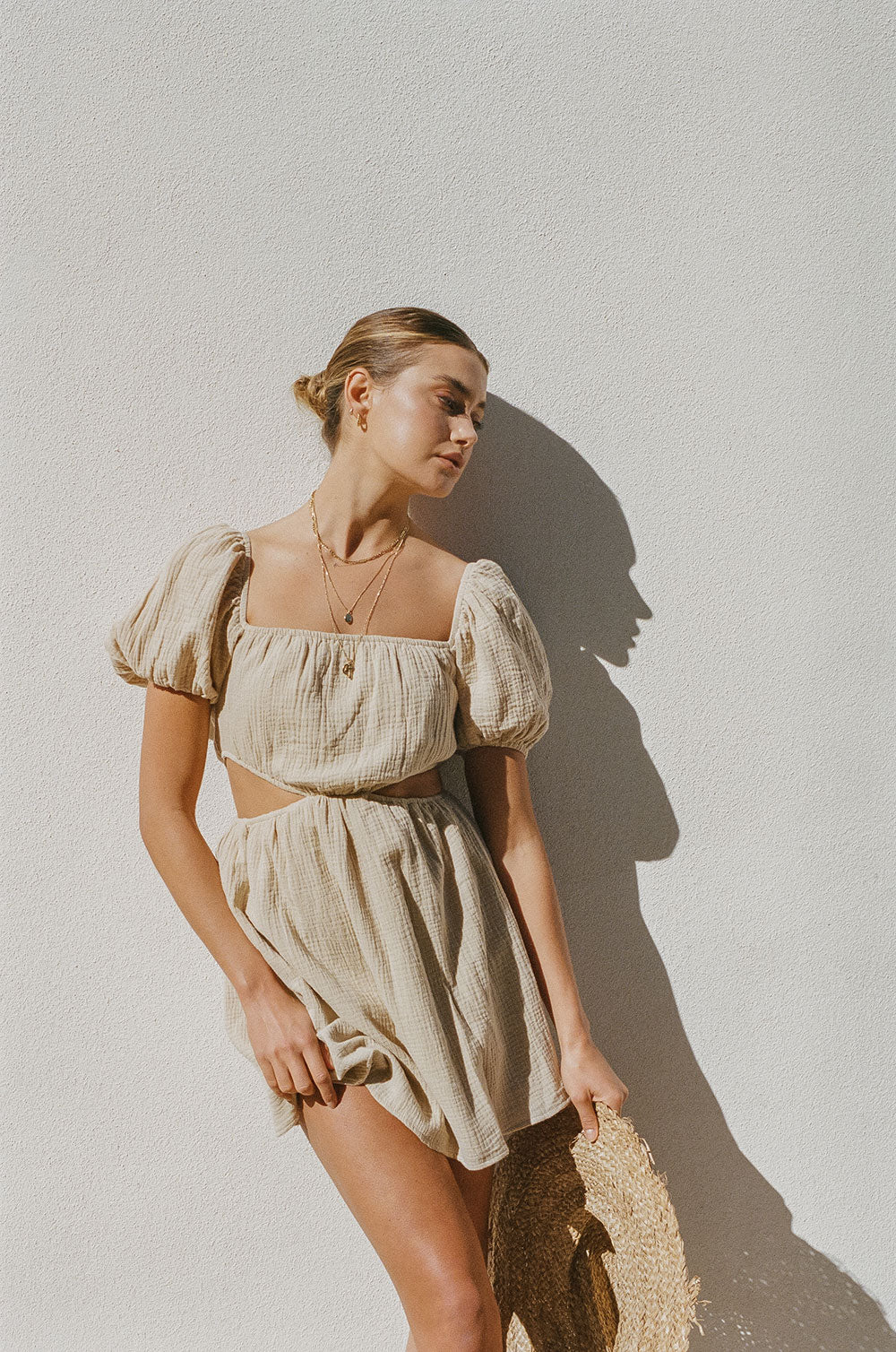 Exclusive Beige Natural Textured Cotton Amara Dress with Short Puff Sleeves