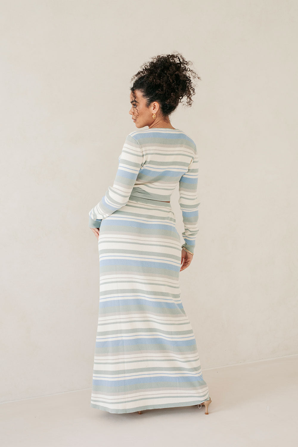 Women's Kaila Maxi Knit Skirt with Blue, Dusty Sage and White Stripes