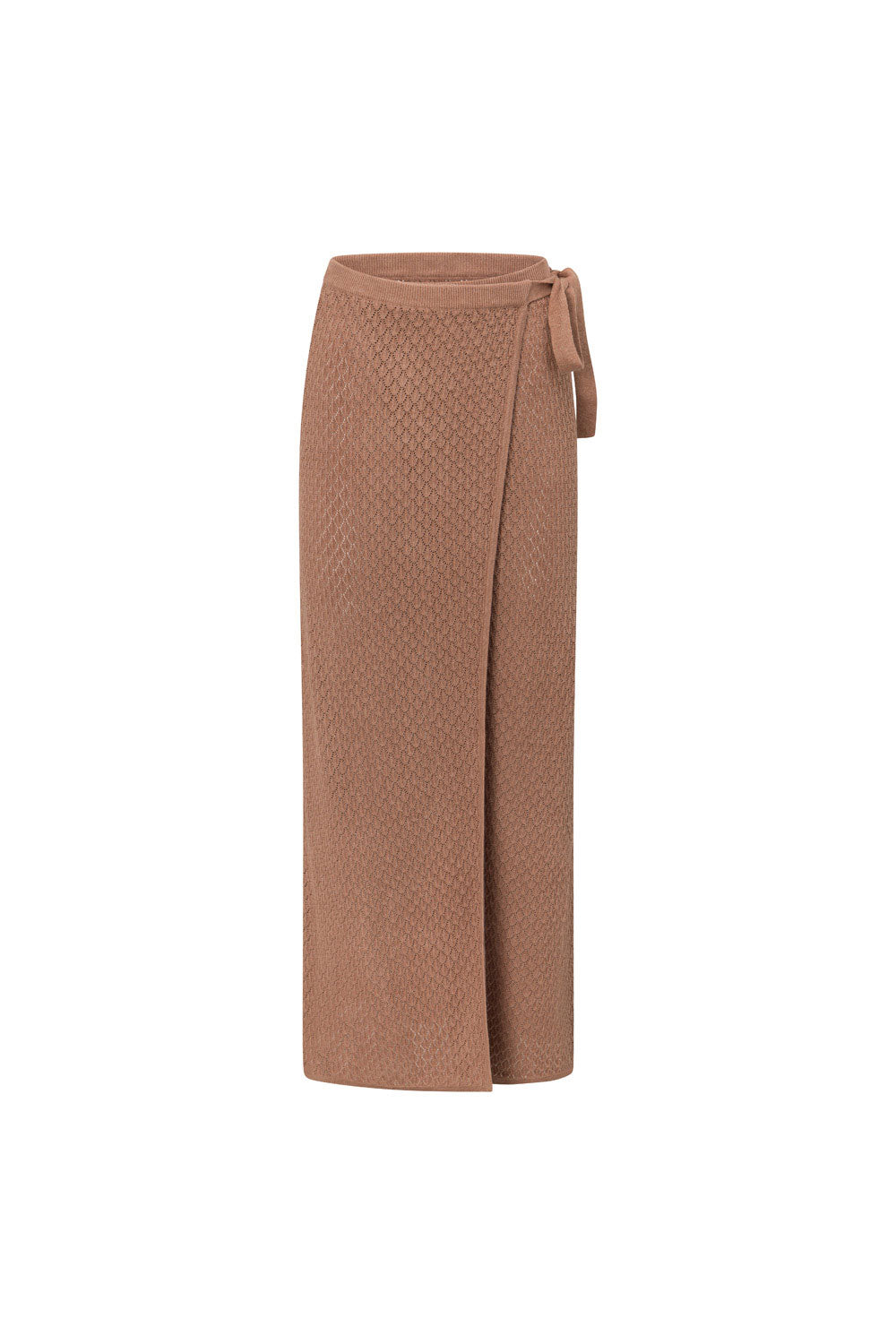 Tan Cotton Blend Pointelle Knit High Waisted Wrap Front Maxi Sonnet Skirt