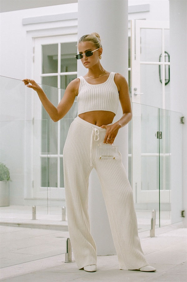 Nikkou Cream-colored Ribbed Knit High-waisted Drawstring Relaxed-fit Pants
