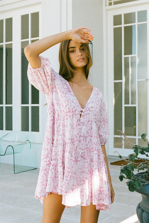 Fashionable Pink Tarelle Women's Dress with Floral Print