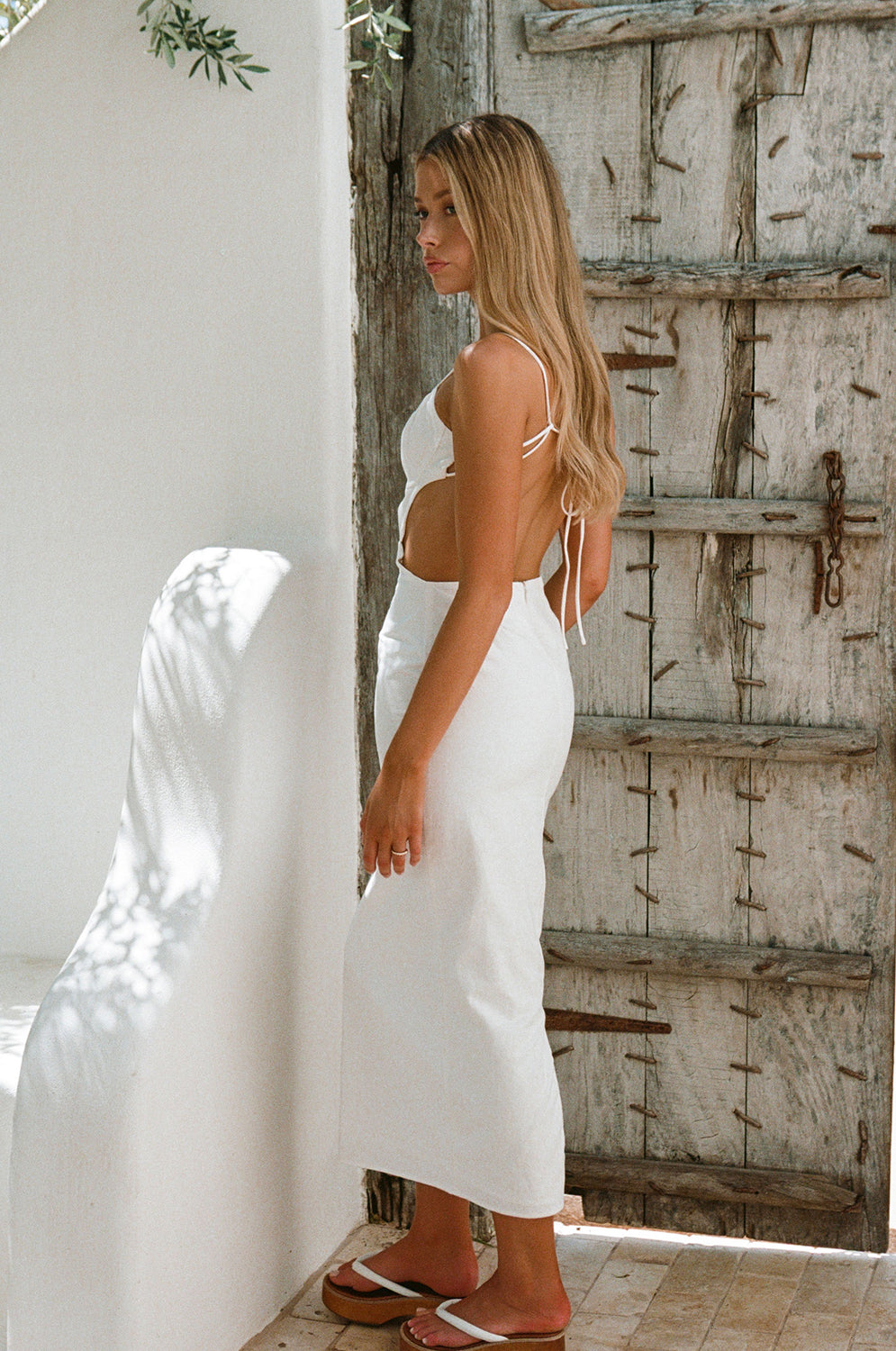 Exclusively Designed White Structured Cotton Chele Midi Dress for Taller Ladies