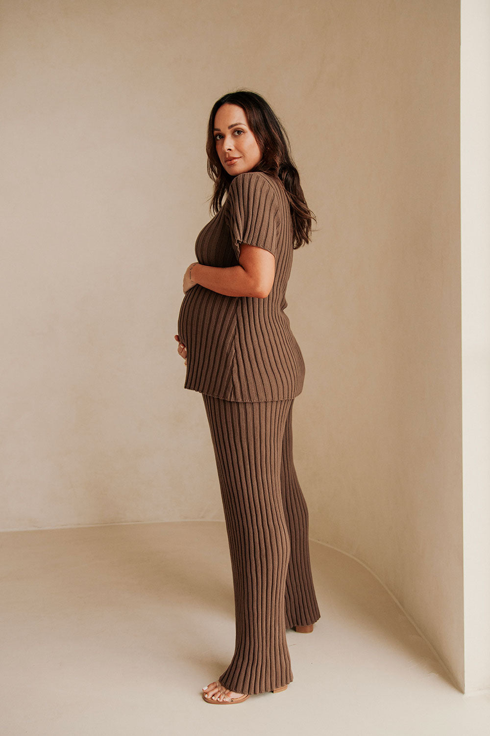 Stylish Chocolate Brown Natural Ribbed Cotton Knit Neena Women's Pants