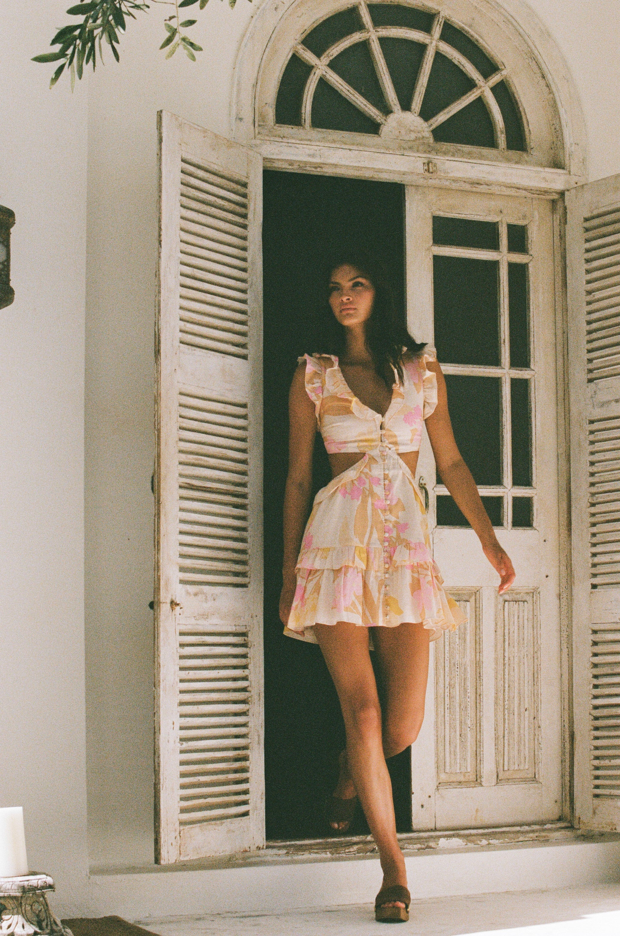 Exclusive Vintage-Print Evaia Cotton Slub Frill Dress