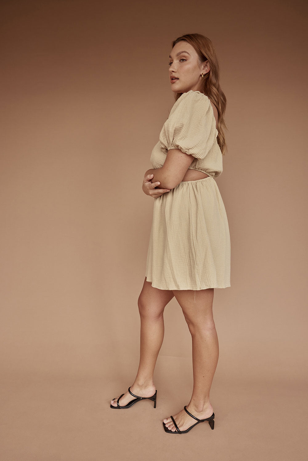 Exclusive Beige Natural Textured Cotton Amara Dress with Short Puff Sleeves