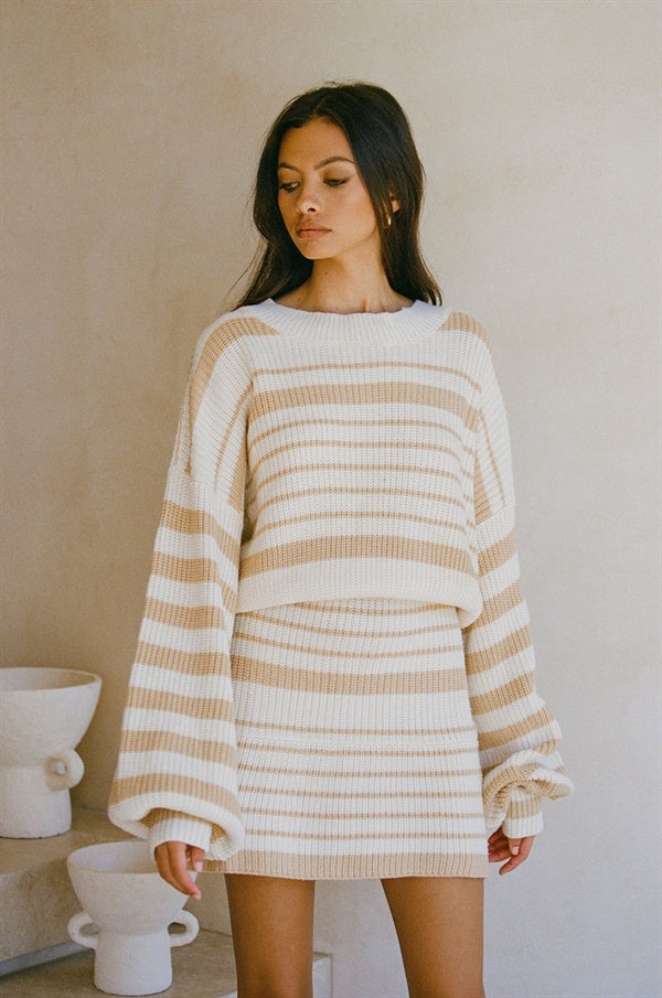Soft Cream Knit Eliana Dress with Tan Stripes for Cooler Weather