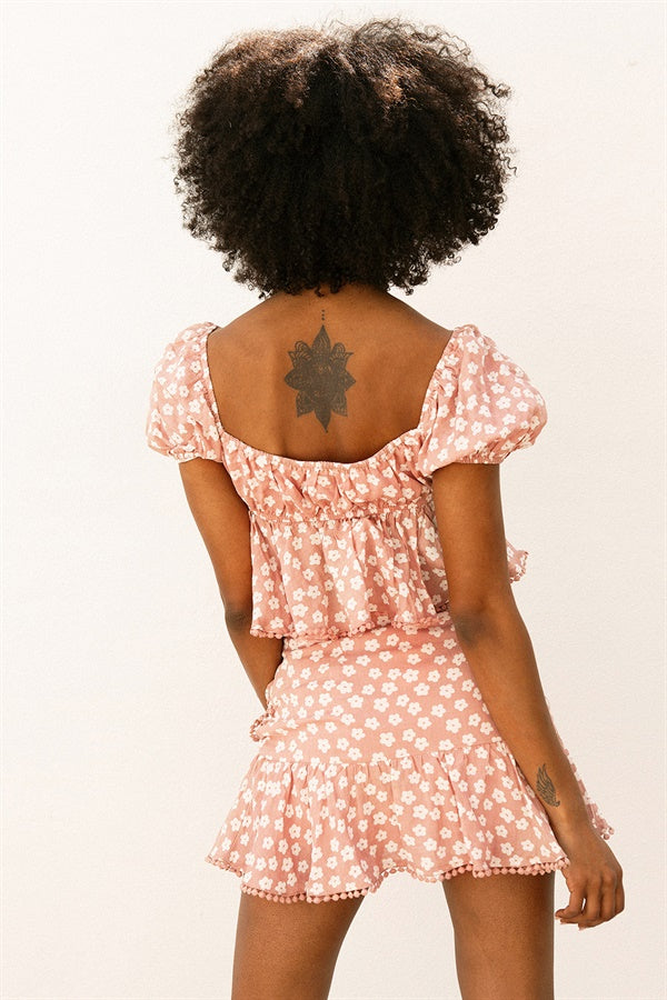 Elegant Musk-Hued Natural Cotton Blend Hattie Floral Print Asymmetric Frill Skirt