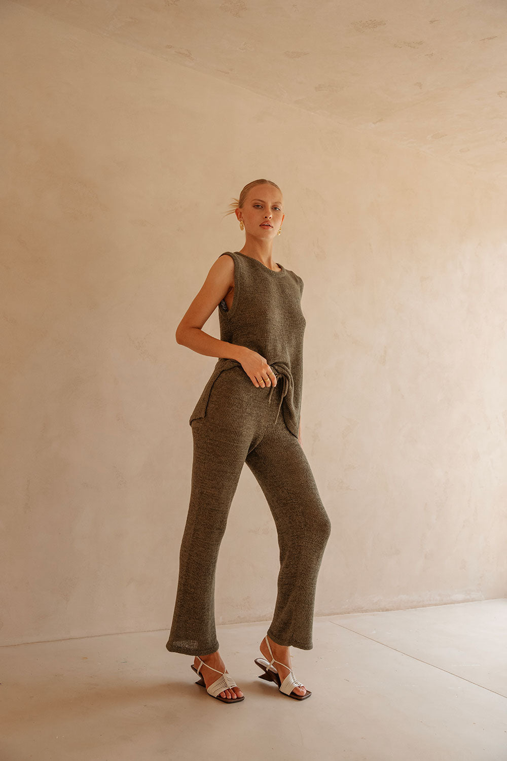 Stylish Olive Green Louka Knit High - Waisted Pants