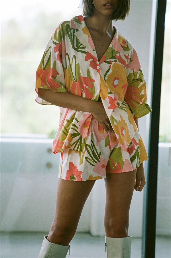 High - quality Natural Fabric Lennon Floral Print Short - Sleeve Top
