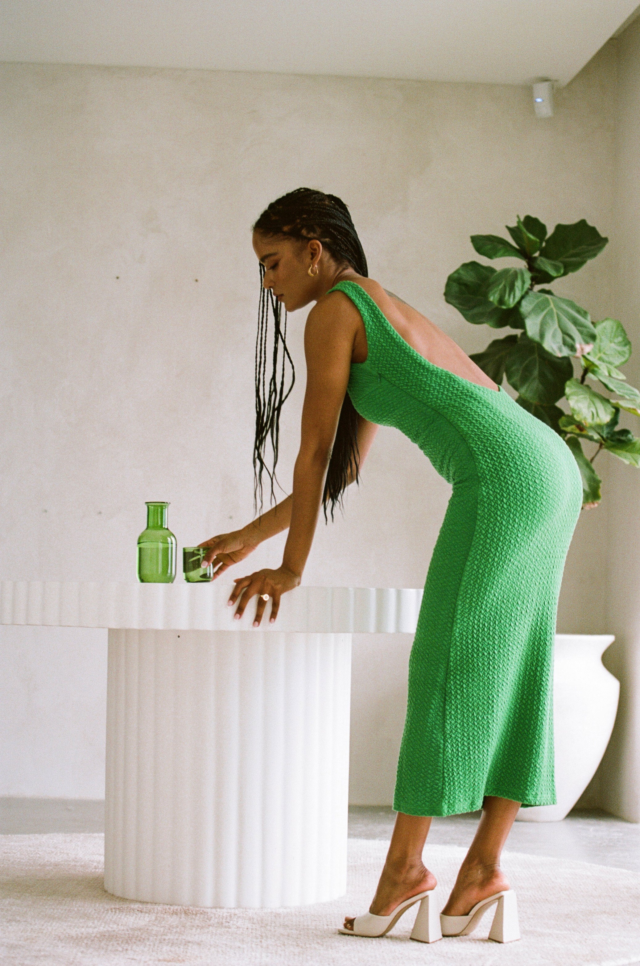 Exclusive Green Textured Woven Dina Backless Dress