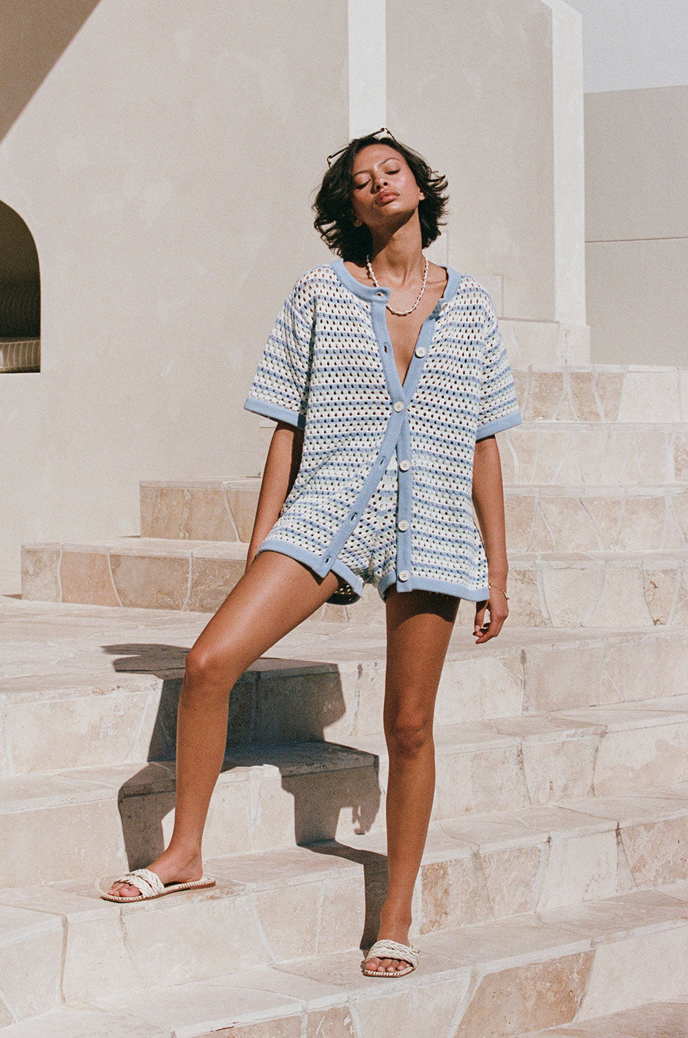 Blue Chantel Cotton Knit Shorts with Vintage Flair