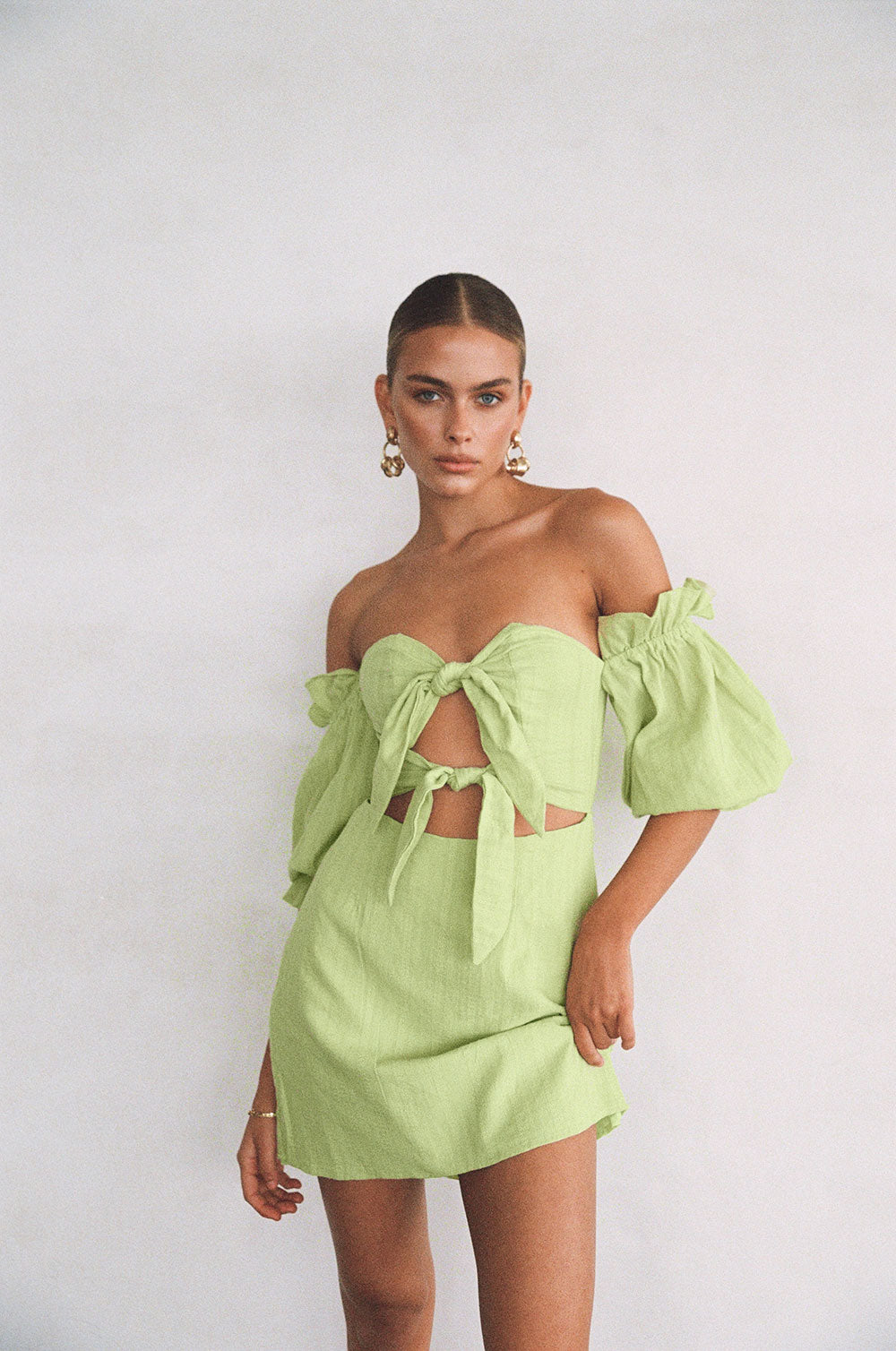 Stylish Green Mira Off - Shoulder Cutout Mini Dress by Sabo