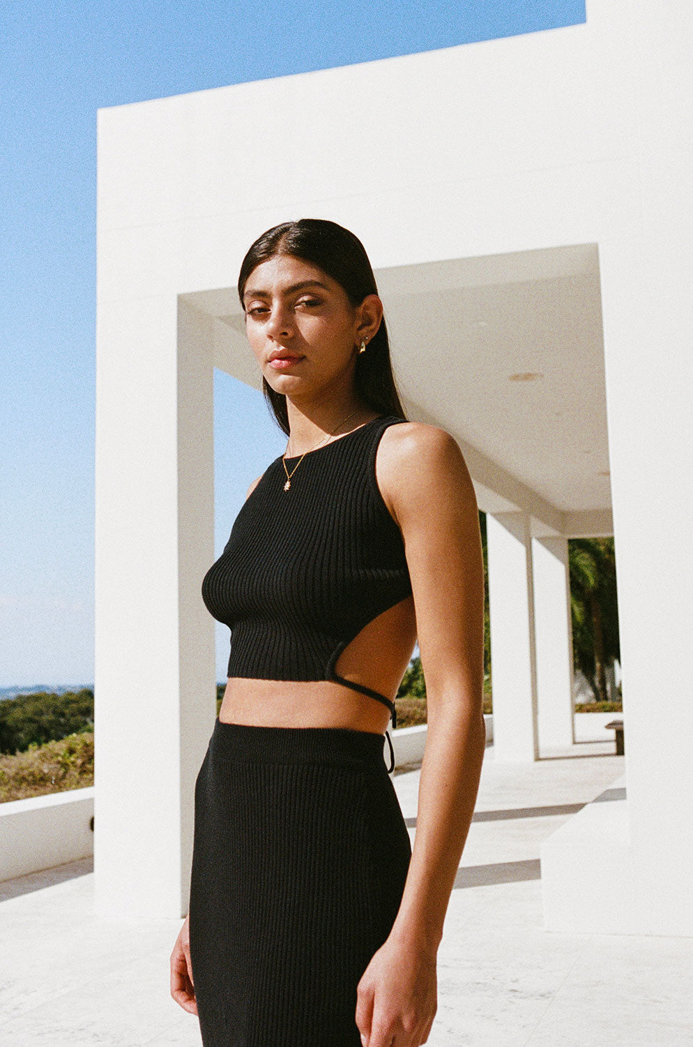 Stylish Black Evie Cropped Top with Unique Cutouts and Tie Details